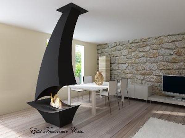 Cheminée centrale à gaz avec un design futuriste, cheminée moderne