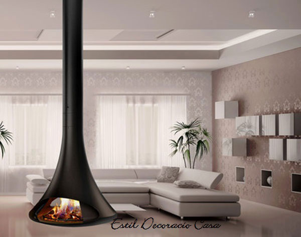 Cheminée centrale suspendue avec un double foyer ouvert deux faces .Une ...